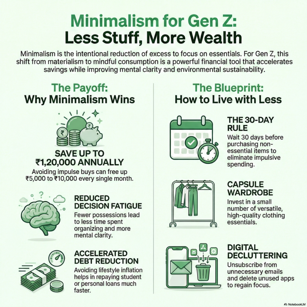 Minimalism Lifestyle for Gen Z infographic showing how reducing impulse spending, decluttering, and mindful habits can increase savings and wealth.
