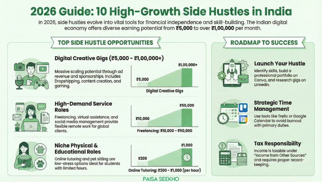 Need extra cash without quitting your job or studies? Discover 10 best side hustles in India that fit your schedule &grow your skills in 2026.