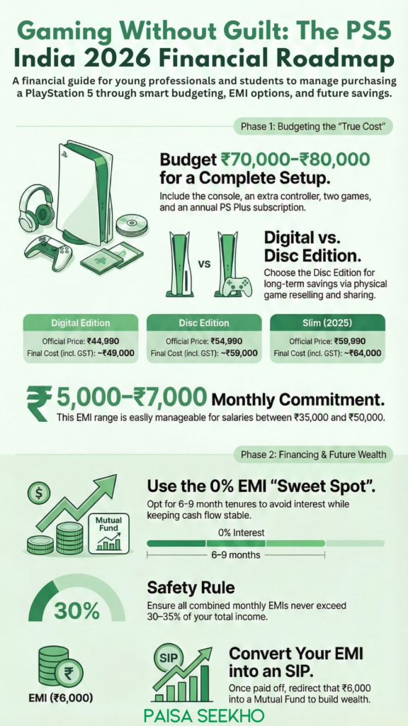 Discover the PlayStation 5 price in India (2026) with EMI, setup & saving tips. Learn how to buy your PS5 smartly without debt or stress.