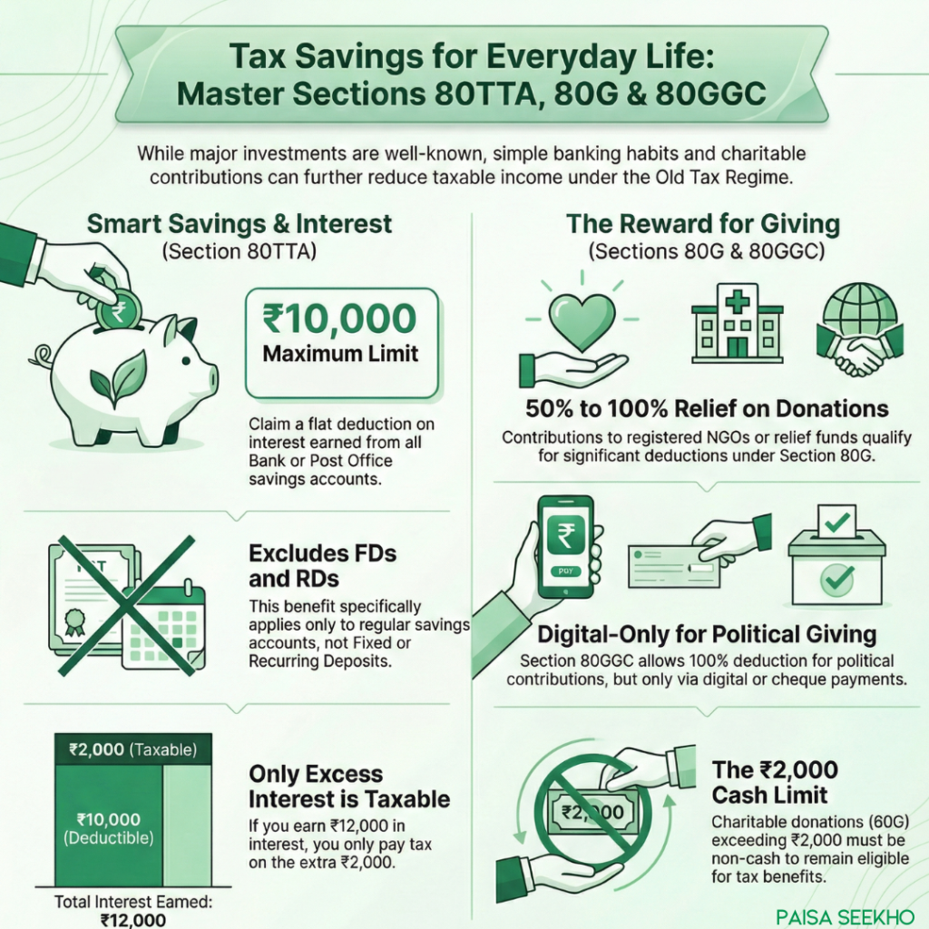 How Do "Everyday Deductions" Like Sections 80TTA, 80G & 80GGC Save You Tax?
