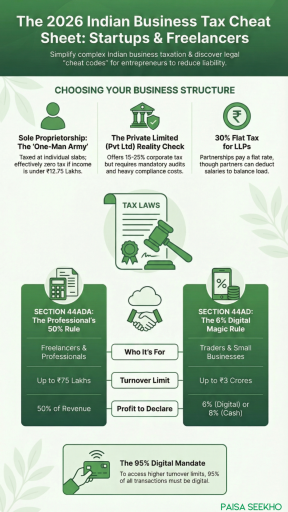 Terrified of business taxation in India? Learn how freelancers and small businesses use Section 44ADA and 44AD to legally cut their tax bills.