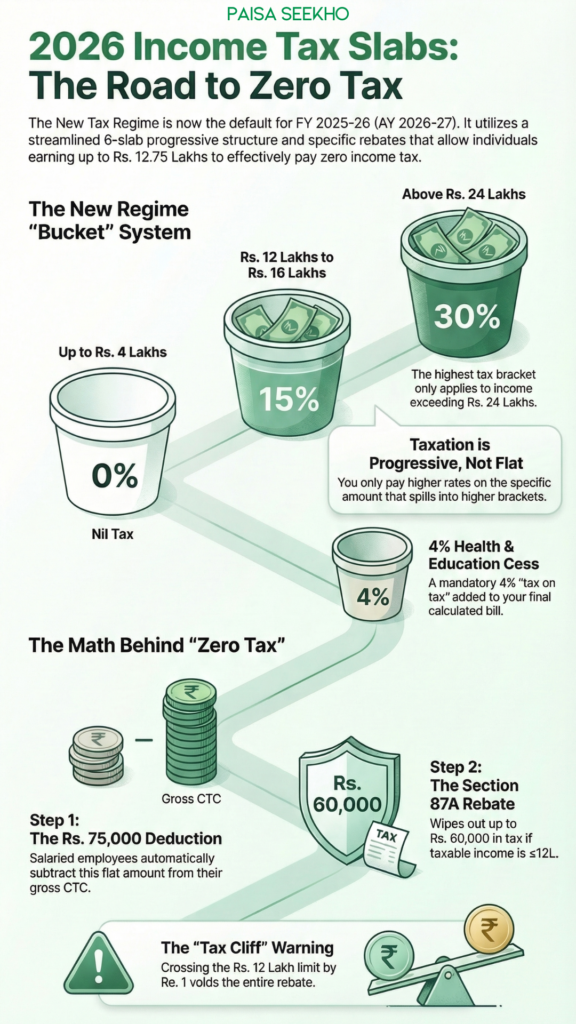 Income tax slabs explained! We explain the Rs. 75,000 standard deduction, the Section 87A rebate, and how to calculate your exact tax.