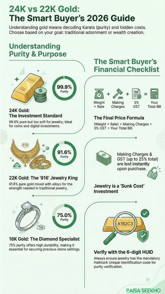 Confused by 916 hallmarks and making charges? Learn the exact difference between 24K vs 22K gold, how to calculate your bill, and avoid scams.