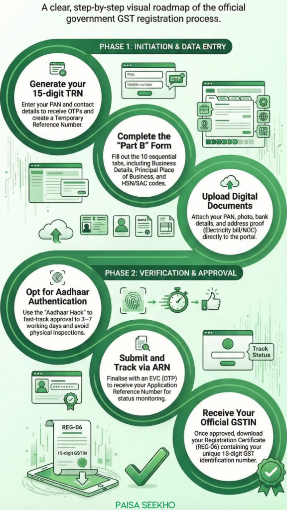Learn the exact step-by-step GST registration process for 2026. We break down the portal, required documents & Aadhaar authentication rules.