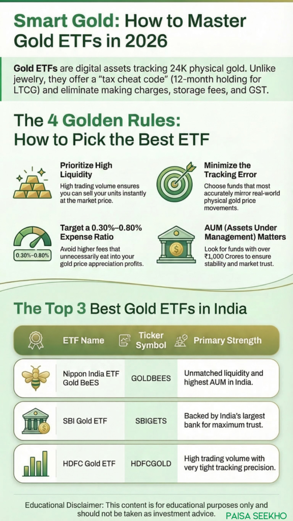 Looking to invest in digital gold? Discover the top 5 Best Gold ETFs in India for 2026, featuring Nippon Gold BeES, SBI, and HDFC.