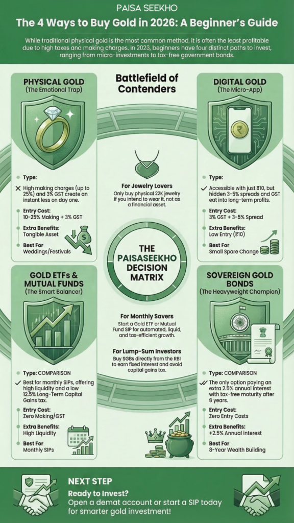 Confused? We compare Physical Gold, Digital Gold, SGBs, and ETFs to find the absolute best gold investment option for beginners.