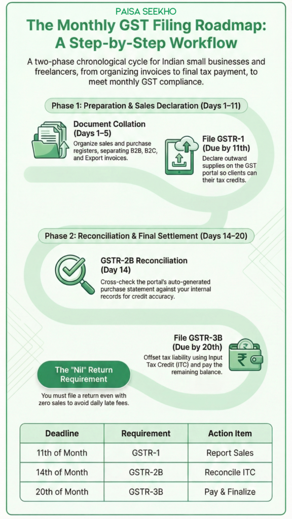 Overwhelmed by GST compliance? Learn the GST Return Filing steps, GSTR-1 and GSTR-3B online, claim ITC via GSTR-2B, and avoid late fees.