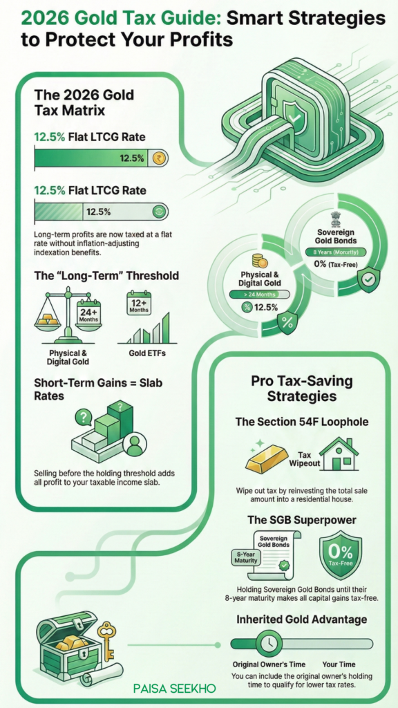 Understand the new 2026 capital gains tax ron gold. We break down the 12.5% flat LTCG rate, the 24-month holding period, and ETF taxation.