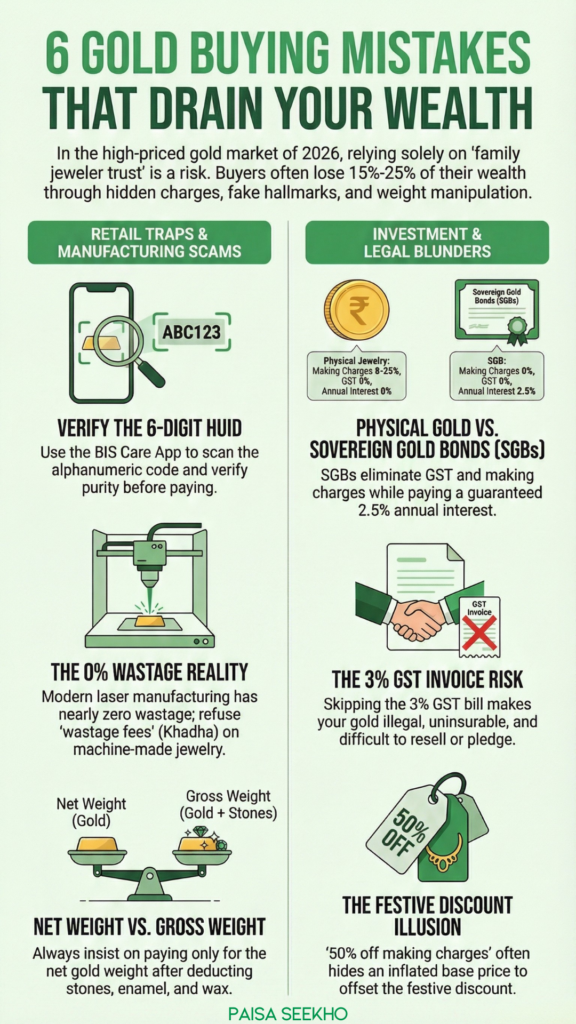 Don't let high making charges and fake hallmarks ruin your wealth. Discover the 6 most common gold buying mistakes in India and avoid them!