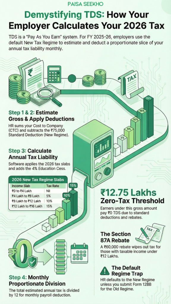 Learn TDS on salary calculation in 2026 and understand your payslip. We break down the new ₹12.75 Lakh zero-tax rule and Form 12BB.