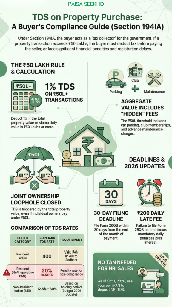 Master the rules for TDS on property purchase under Section 194IA. Learn how the ₹50 Lakh limit works, rules, and how to file Form 26QB.