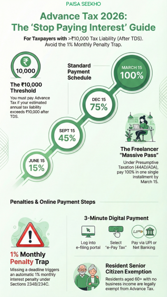 With our ₹10,000 Advance Tax Payment Guide, learn the exact 2026 quarterly due dates, how to calculate your liability, and how to pay online.