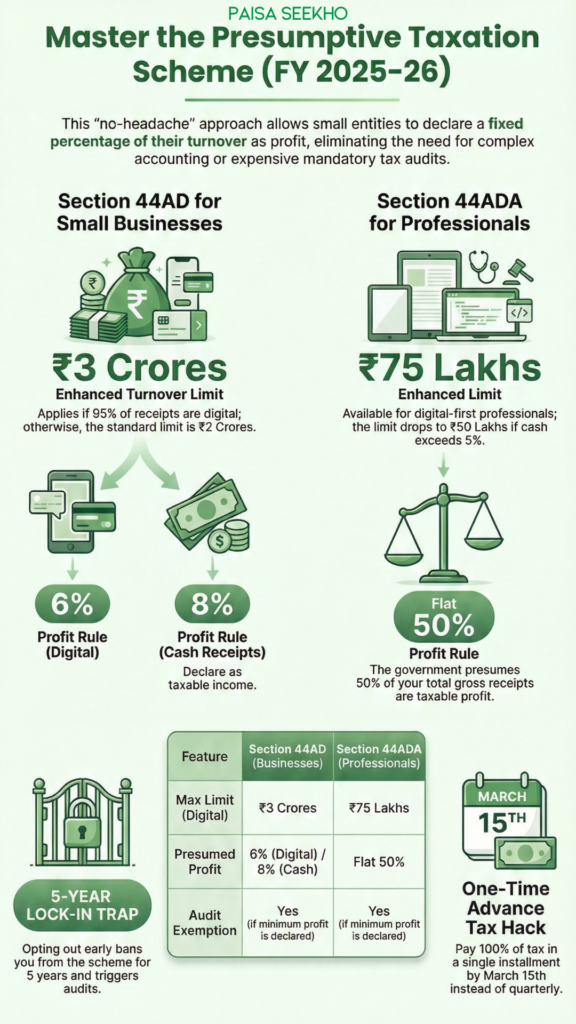 Master the presumptive taxation scheme - ₹3 Crore limit for Section 44AD, the ₹75 Lakh limit for 44ADA, and the 6% vs 8% profit rules.