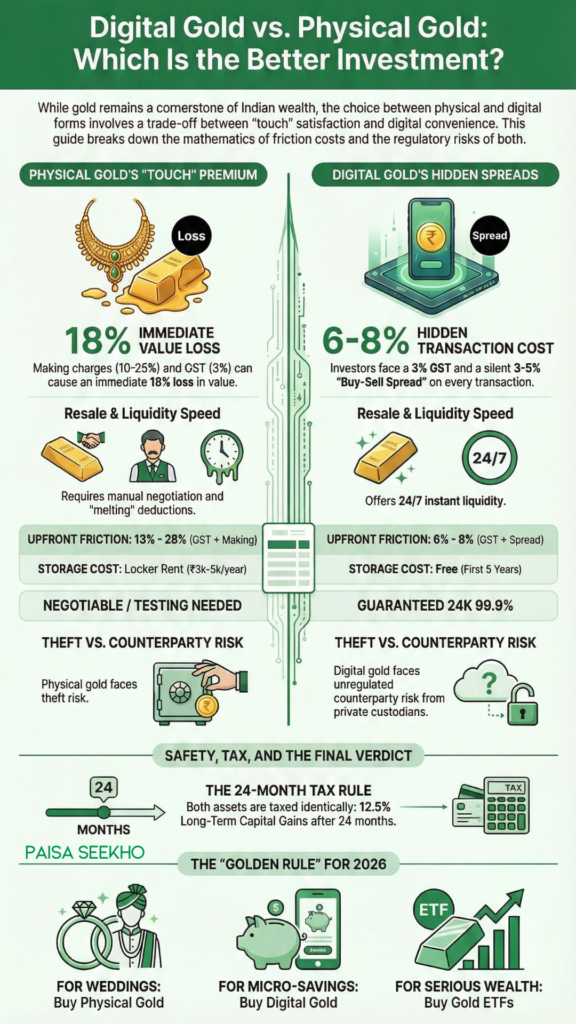 Deciding between digital gold vs physical gold? We break down the exact math: 15% making charges vs 4% digital spreads, and the 3% GST.