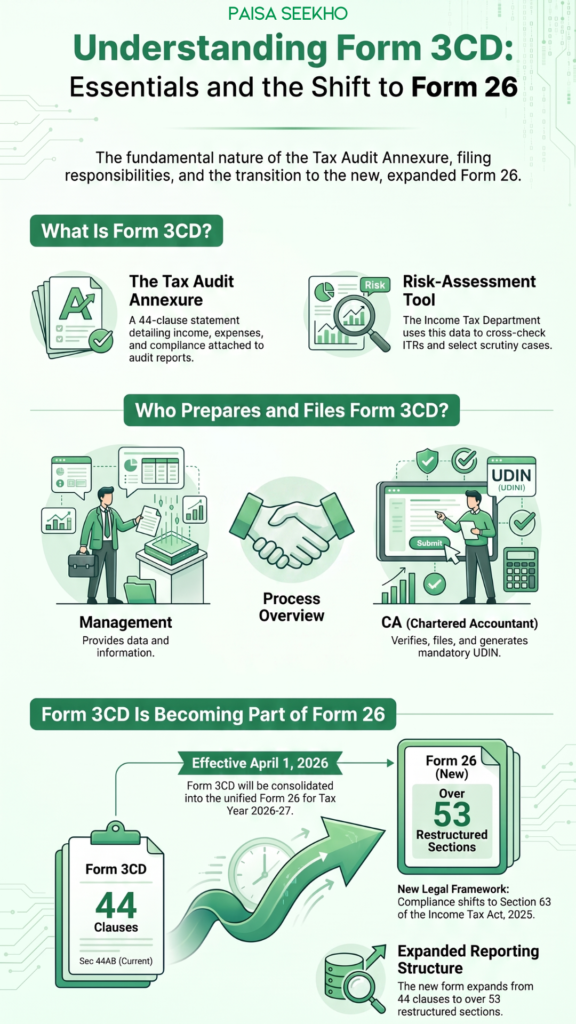 Form 3CD is the detailed statement of particulars filed with every tax audit report under Section 44AB. Learn what Form 3CD covers.
