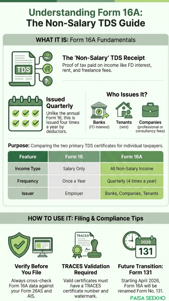 Form 16A is a quarterly TDS certificate for non-salary income like FD interest, rent, and professional fees. Learn what Form 16A is in detail