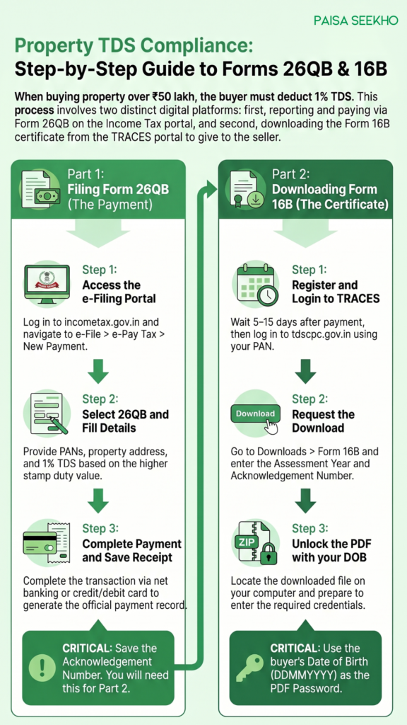 Form 16B for property buyers is a TDS certificate the buyer must issue to the seller. Learn what Form 16B is, and how to file Form 26QB.