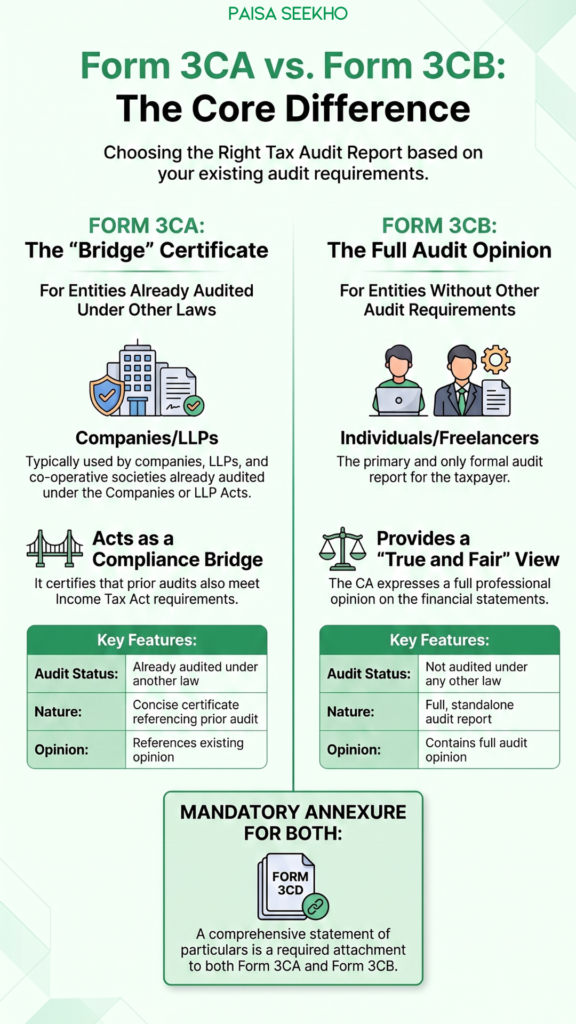 Form 3CA and Form 3CB are tax audit report forms under Section 44AB. Learn the difference between Form 3CA vs 3CB, who uses which, and more.