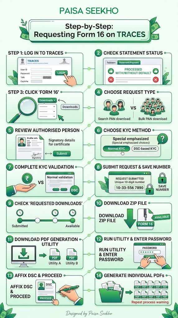 Here's the complete Form 16 download process TRACES with step by step instructions for Part A and Part B, common errors, and how to fix them.
