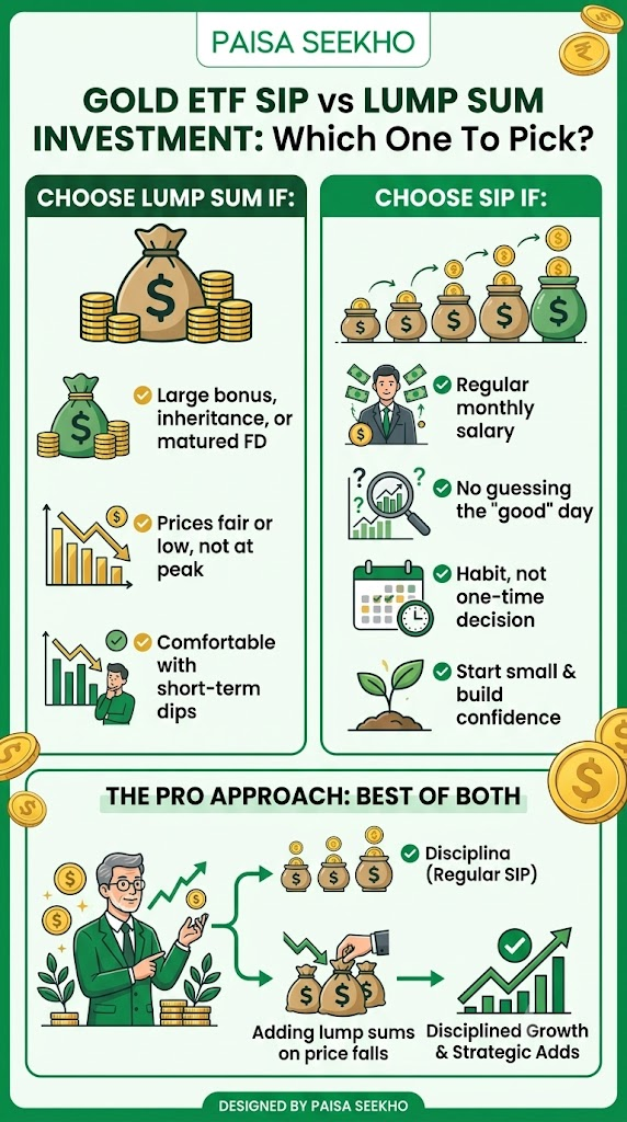 Should you invest in Gold ETF SIP vs lump sum? Learn how each works, when each one wins, the tax rule that can save money, and how to decide.