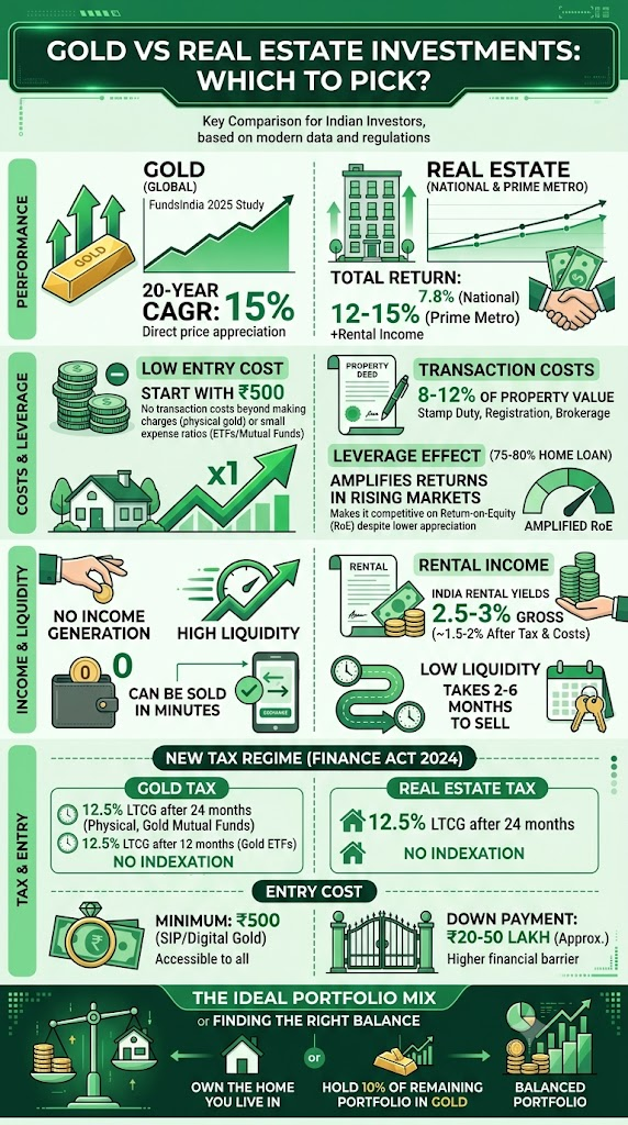Choosing between gold vs real estate investment India? We compare CAGR, investment options, historical performance and more.