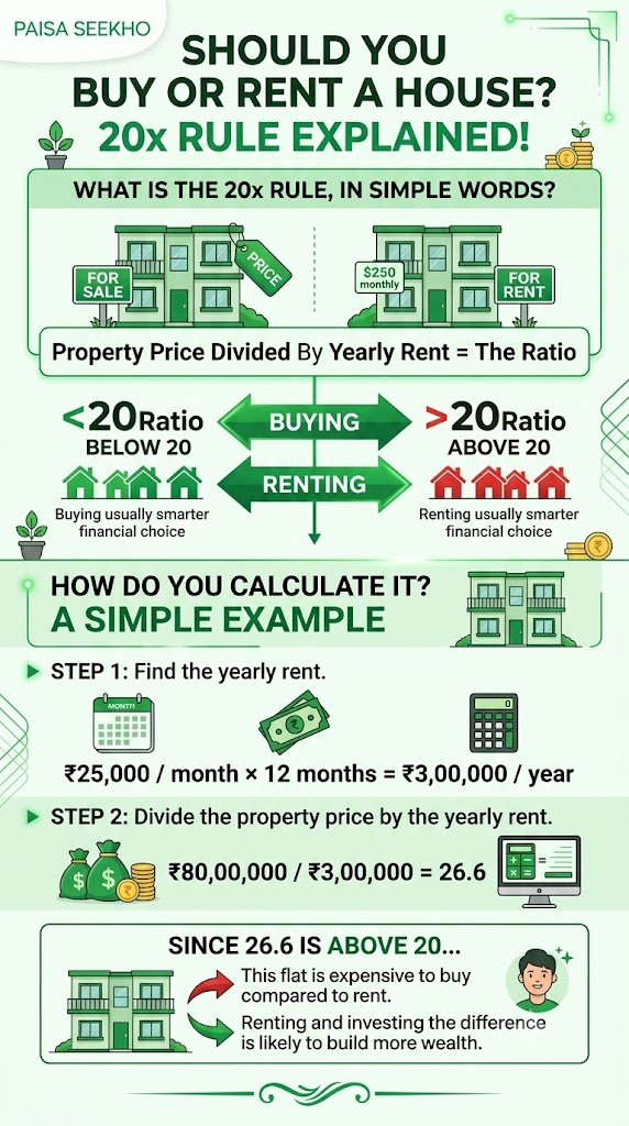 The 20x rule rent vs buy idea helps you decide if you should buy or rent a home. Learn how it works, with real examples from Indian cities.