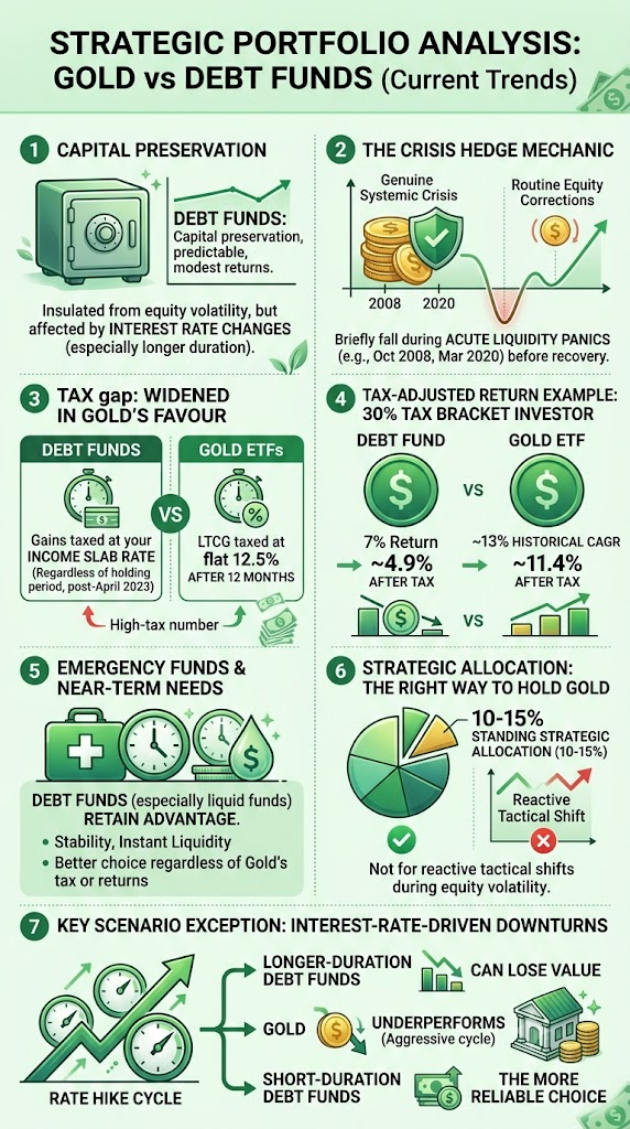 When equity markets turn volatile, show to choose between gold vs debt funds?  Learn how each is during volatility, 2026 tax rules, and more.