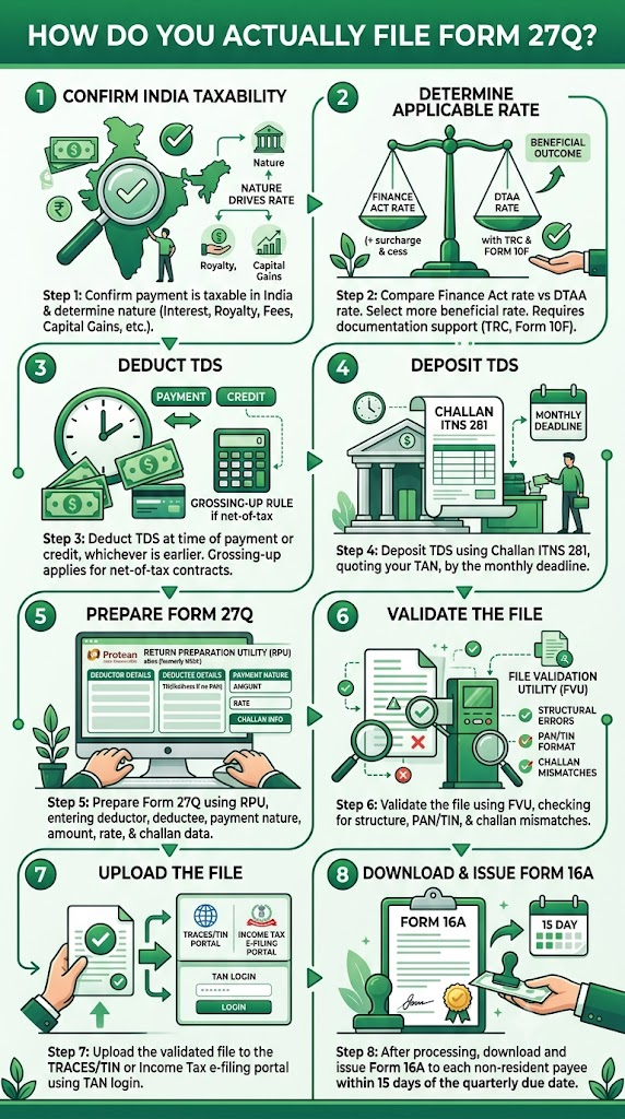 Our Form 27Q NRI Payments guide explains the grossing up rule, DTAA rates, the property sale exception, due dates, and shift to Form 144.