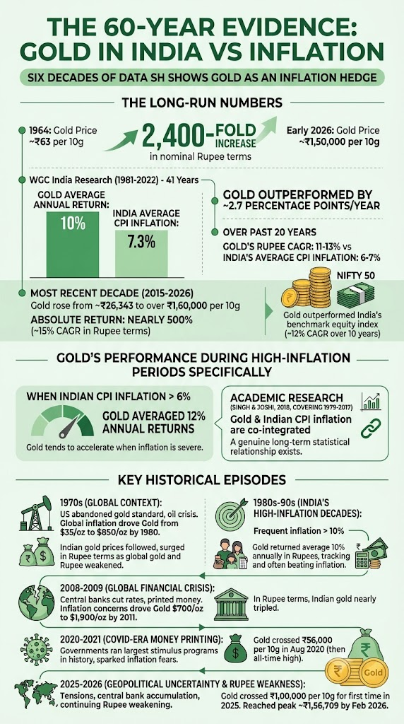 Gold has delivered 10% average annual returns against India's 7.3% average nflation over 41 years. Learn about gold inflation hedge India here